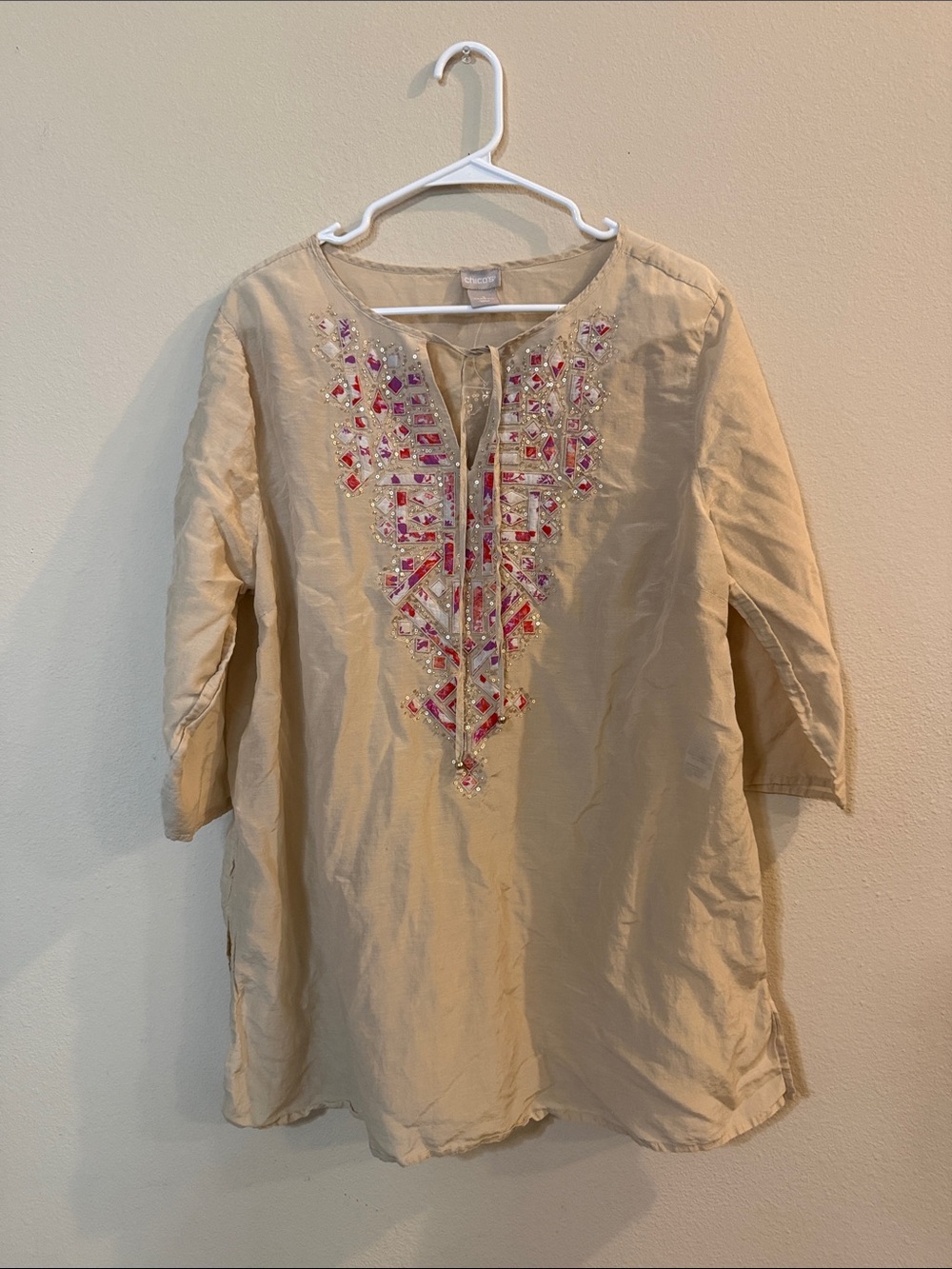 Chico's Beige Tunic with Pink & Gold Embellished V-Neck
